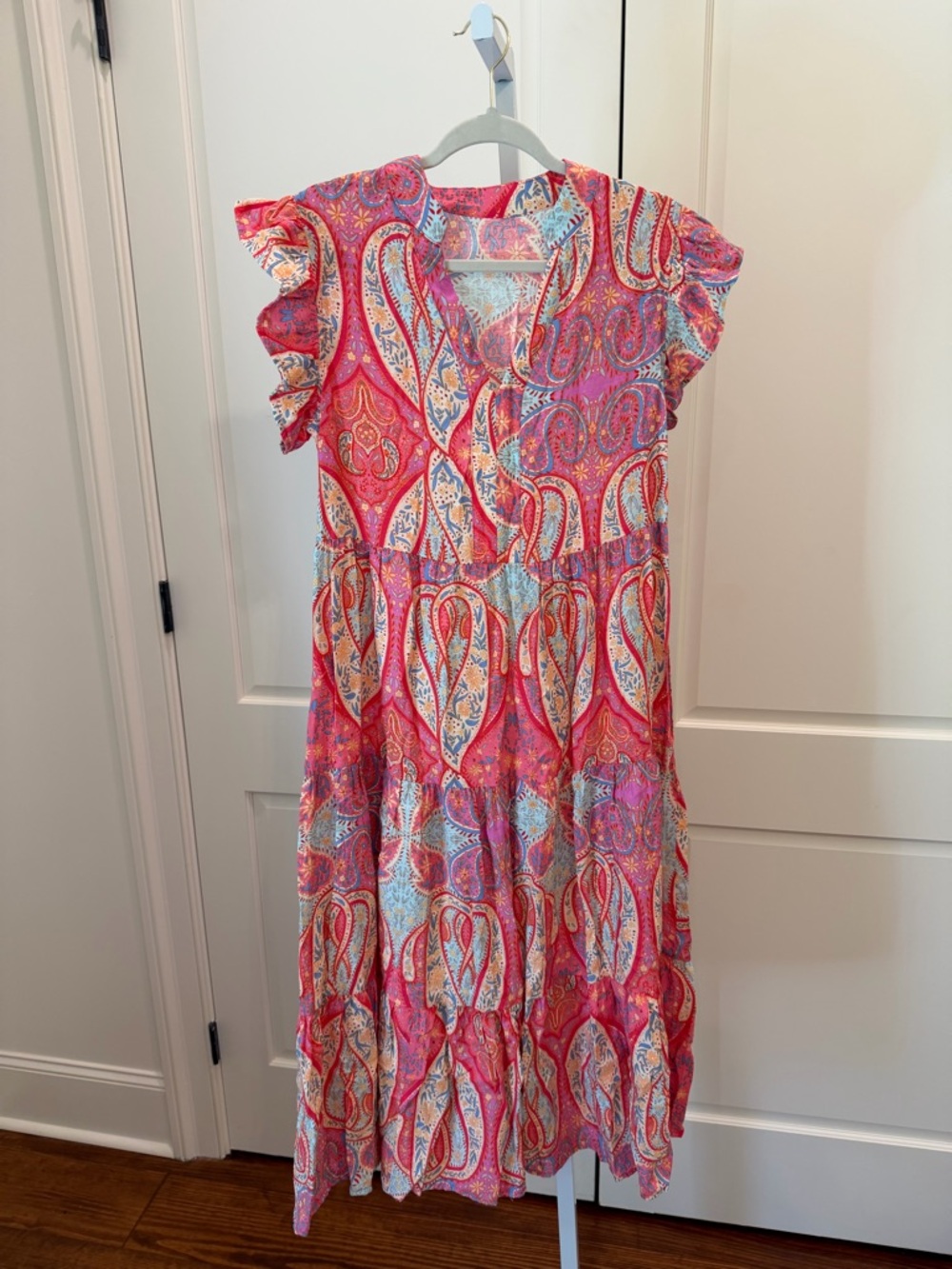 Tribal Paisley Print Ruffled Sleeve Notch Neck Midi Dress- Charming Charlie Med - Picture 4 of 8